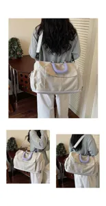 Close-up detail of the travel duffel bag showing adjustable shoulder strap and side pocket.