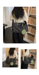 Large capacity travel duffel bag with green strap and round coin pouch for daily use.