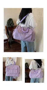 Large capacity travel duffel bag in purple, multi-angle view for gym and outdoor.