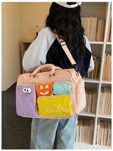 Gran bolsa de viaje para mujer tipo duffel, bolso de hombro color block elegante