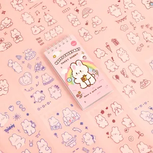 Schattig cartoon konijn spiraalnotitieboekje en sticker set, roze DIY journaling benodigdheden.
