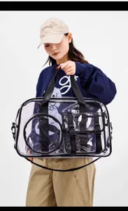 Clear PVC travel fitness bag with multiple pockets and black straps for outdoor beach use.