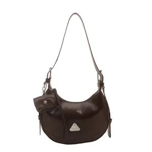 Chic brown crescent hobo bag with mini side pouch and triangular metal detail
