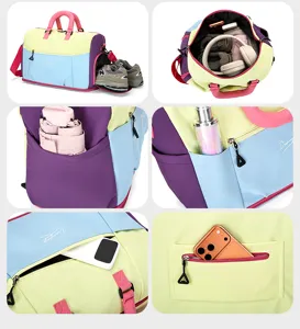 Borsa da viaggio colorata con scomparto scarpe e tasche funzionali mostrata nel dettaglio.