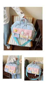 Cute pastel patchwork gym yoga bag with plush star decor, large capacity travel tote.