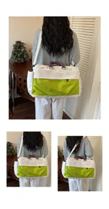 Detail view showing a large capacity travel gym bag in white and green, worn on shoulder.