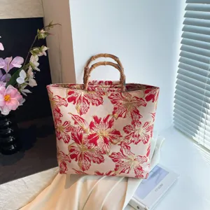 Sac cabas rétro à fleurs style chinois avec poignée en bambou pour tenues Hanfu