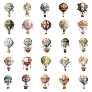 Vintage hot air balloon transparent stickers for DIY journaling, scrapbooking, and phone decor.