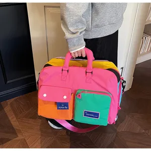 Bolsa de viaje colorida estilo dopamina con bolsillos frontales, bolsa deportiva portátil.