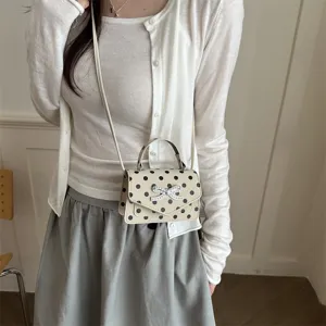 Sac à main à pois élégant avec nœud pour femme, petit sac carré bandoulière chic