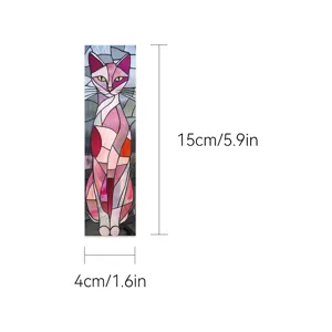 Elegant stained glass pink cat bookmark, 15x4cm artistic reading page marker for books.