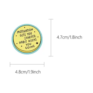 Detail view of round waterproof positive quote sticker with motivational English text.