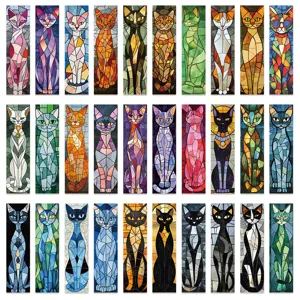Set of 30 artistic stained glass cat bookmarks, elegant paper page clips for reading.