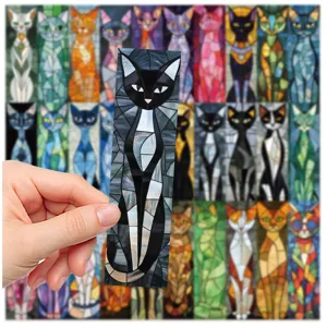 Detailed view of an elegant stained glass style black cat paper bookmark with artistic design.