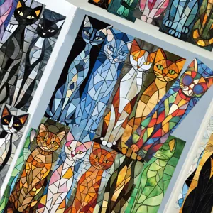 Stained glass style cat bookmarks detail view, artistic colorful paper page markers for reading.
