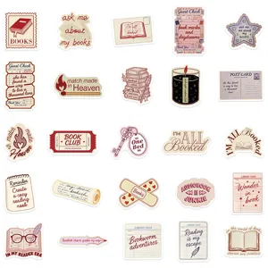 Retro literary bookish stickers set, vintage aesthetic reading quote decals for journal and water bottles.