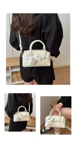 Elegante cremeweiße Damen Bowler-Handtasche mit Perlenbogen und verstellbarem Gurt