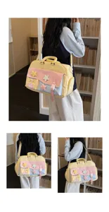 Detailed lifestyle view of the pastel patchwork tote bag featuring cute fuzzy stars and pockets.