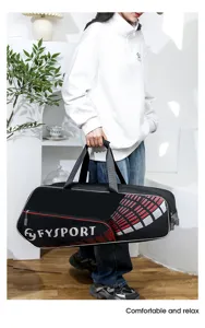 Detail view of large capacity sports bag with racket storage, trendy design for outdoor sports.