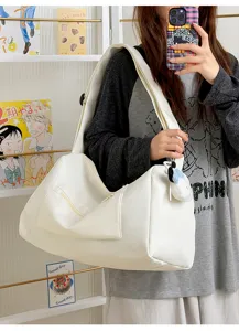 Large capacity white travel bag, casual shoulder duffle bag, lightweight yoga gym bag for women.