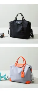 Trendy casual nylon travel weekender bag with top handles, crossbody strap and luggage tag.