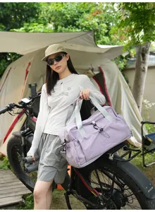 Large capacity travel duffel bag for short trips, camping and fitness with wet dry separation.
