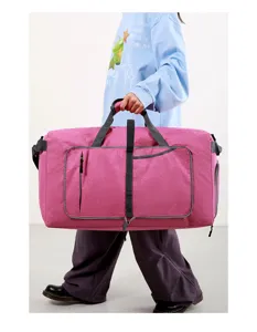 Large foldable travel duffel bag with multiple pockets, durable pink fitness sports gym storage bag.