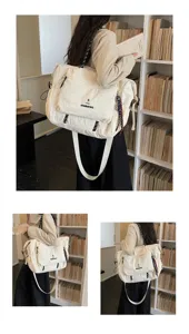 Detailed view of large capacity canvas travel shoulder bag, multi-pocket design, lifestyle use.