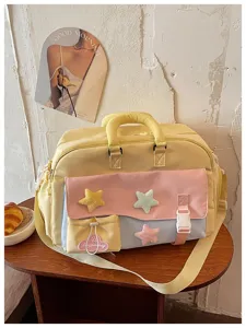 Large capacity women travel gym yoga bag with colorful star decor, stylish detail view.