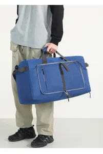 Blue folding travel duffel bag with shoe compartment, large capacity gym sports luggage bag
