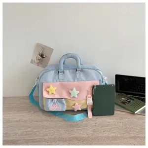 Chic pastel canvas travel duffel bag with cute plush star patches, spacious gym bag for women.