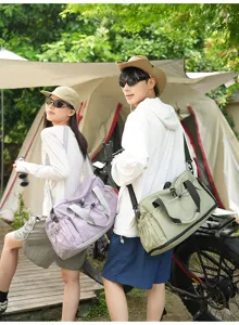 Outdoor camping travel duffel bag detail, showcasing large capacity and dry wet separation.