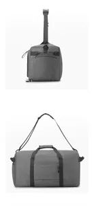 Detailed view of grey travel duffel bag showing side and front angles with straps and compartments.