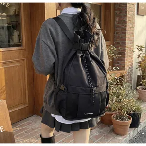 Stilvoller schwarzer Kordelzug Rucksack Freizeit Reise Tagesrucksack mit Netztaschen Alltag