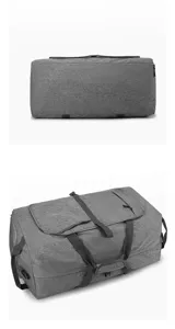 Foldable travel duffel bag side and top detail view in durable gray fabric material.