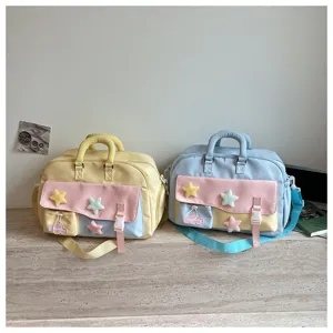 Cute multi-pocket duffel bag with star decor, perfect for travel, yoga and gym use.