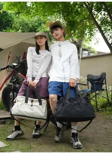 Detailed view of large capacity waterproof travel duffel bag for camping and gym use.