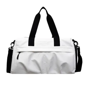 Large capacity white travel duffel bag with black straps for gym sports and fitness use.