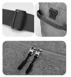Close-up details of foldable travel duffel bag showing durable zippers and adjustable straps.