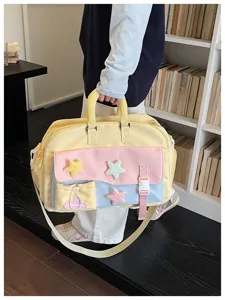 Stylish canvas travel duffel bag with cute plush star charms, large capacity for daily fitness.