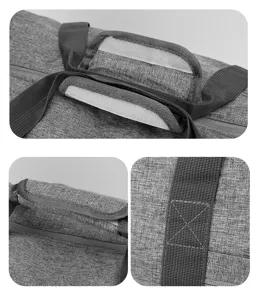 Close-up detail of gray travel bag handle, durable velcro wrap and reinforced stitching.