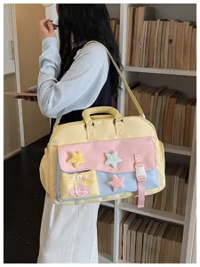 Women large capacity canvas travel bag pastel color block gym tote with cute plush star decor.