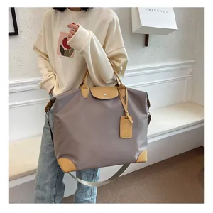 Large capacity nylon travel bag with leather trim casual shoulder duffel bag for women