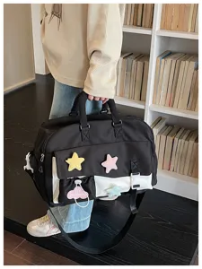 Large canvas travel gym bag for women, stylish casual weekender duffel with cute plush star.