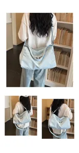 Detail view of the lightweight blue travel shoulder bag in daily lifestyle scene, spacious.