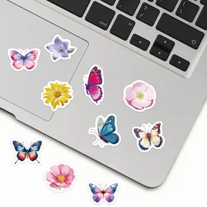 Pegatinas decorativas de mariposas y flores en acuarela para portátil, funda y manualidades.