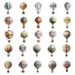 Vintage hot air balloon stickers set, decorative journaling stationery design details.
