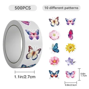 Rollo de Cinta Washi Mariposa de 500 Pzs con 10 patrones diferentes para manualidades de bricolaje.