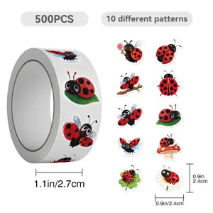 500pcs cartoon ladybug roll stickers, 10 patterns, cute DIY decals for journal, laptop, stationery decor.