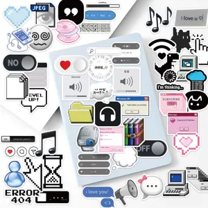 Détail des autocollants mèmes internet rétro avec icônes de pixel art et interface pour DIY.